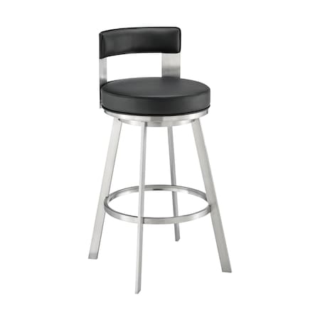 Armen Living Lynof Swivel Bar Stool in Brushed Stainless Steel with Black Faux Leather 840254335516